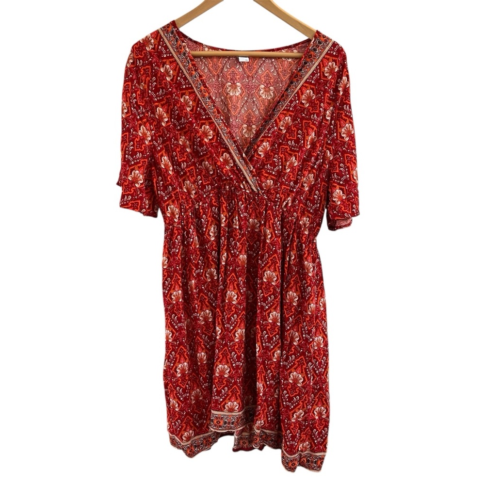 Brown Coco Boho Floral Paisley Faux Wrap Mini Dress 1XL Red Cottagecore Flare - Picture 3 of 11